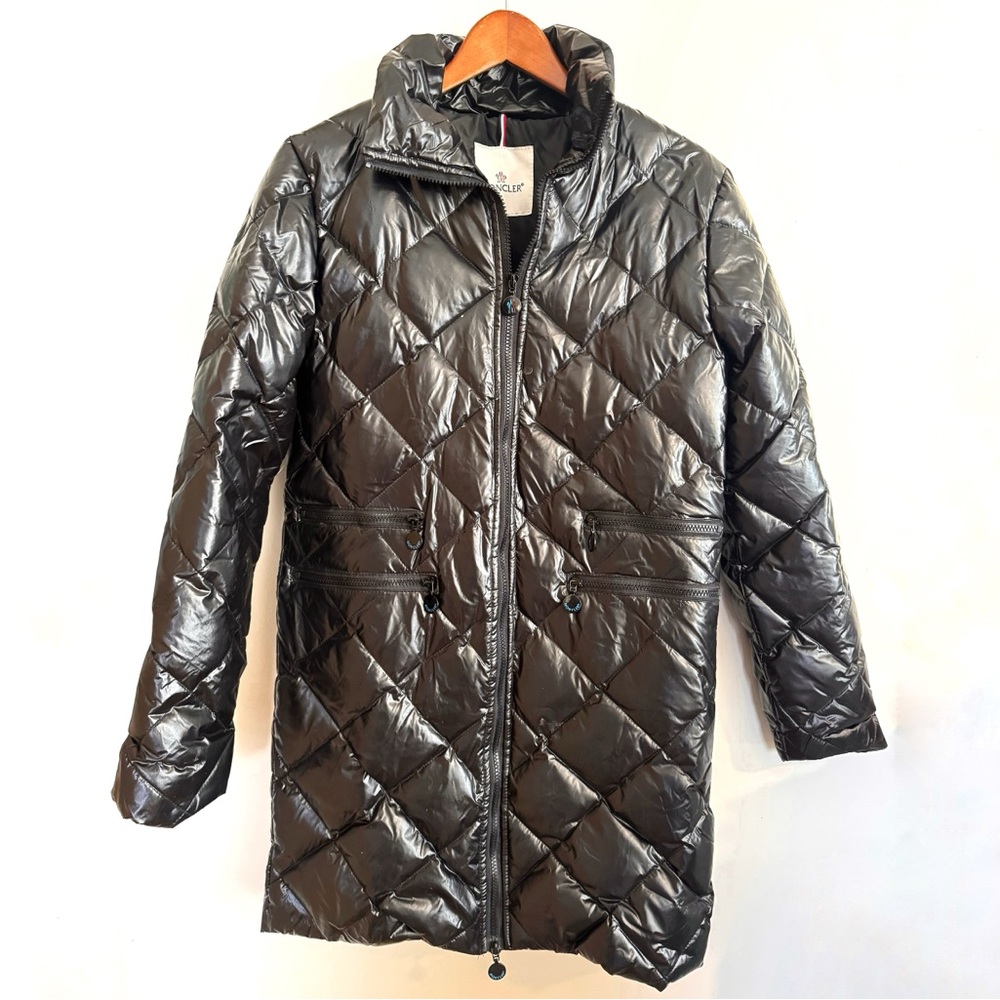 Moncler // black shiny glossy long line puffer coat size 2 dc1